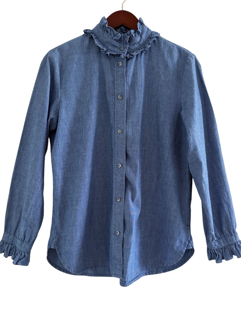 J. CREW Classic Chambray Ruffle Button Front Shirt Size 6 - Picture 11 of 11